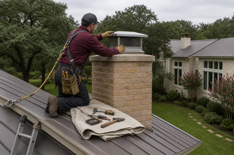 A harnessed technician setting a stainless steel mesh chimney cap onto a tan brick chimney with a spark arrestor cap; illustrative image