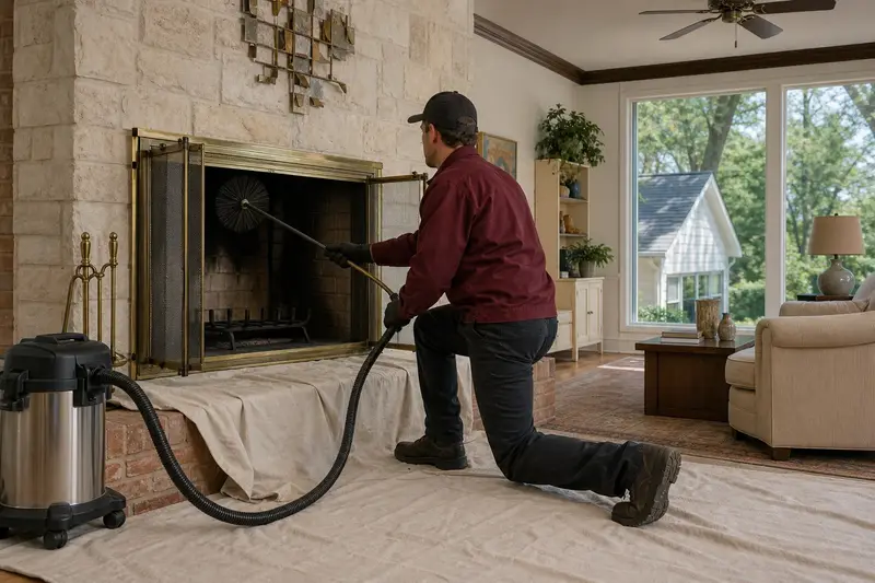 A technician feeding a rotary chimney brush up the flue of a factory-built wood-burning fireplace with a stone facing, drop cloths and a sealed vacuum on the hearth; illustrative image