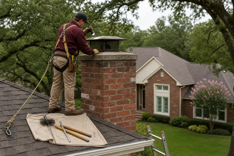 A harnessed technician examining the top of a brick chimney with a metal cap on an asphalt shingle roof with a flashlight from a dry roof surface; illustrative image
