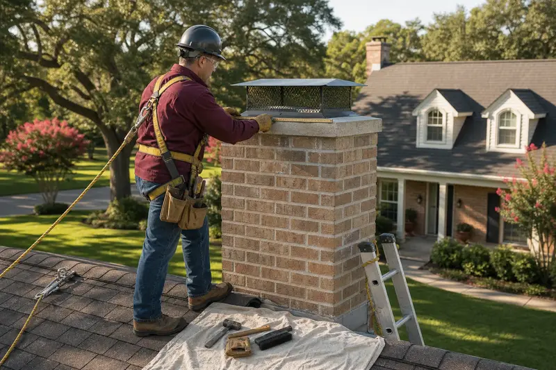 A harnessed mason measuring the crown of a tan brick chimney with a spark arrestor cap with a folding rule; illustrative image