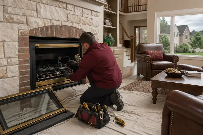 A technician kneeling at a gas insert set in a brick opening with the glass front removed, testing the controls with a multimeter; illustrative image