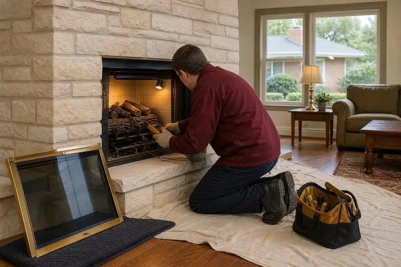 A technician checking the controls of a vented gas log set in a masonry firebox with a multimeter, the glass set aside; illustrative image