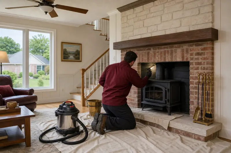 A technician checking the damper of a cast-iron wood stove on a stone hearth pad with a flashlight before the heating season, the fireplace cold; illustrative image