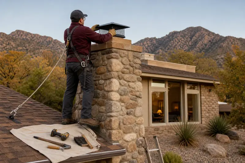 A harnessed technician fitting a mesh cap on a river rock chimney with a spark arrestor cap to keep animals out; illustrative image
