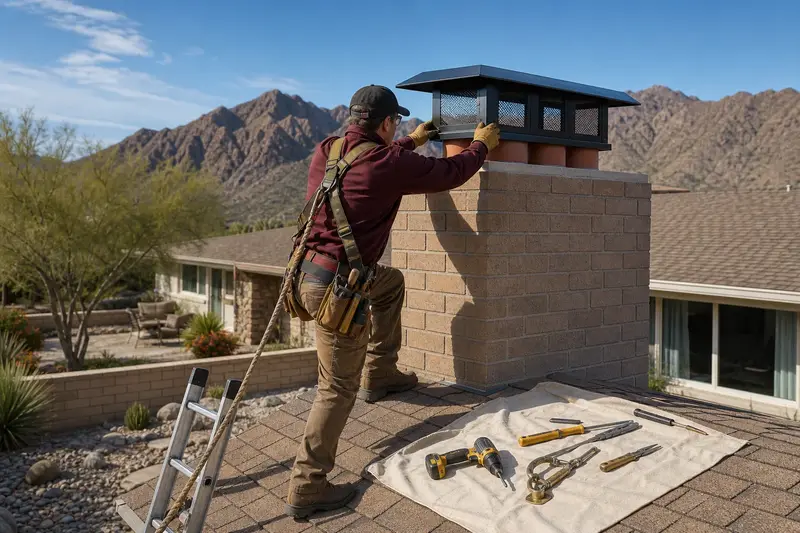 A harnessed technician fastening a multi-flue cap over the crown of a tan brick chimney with a steel cap; illustrative image