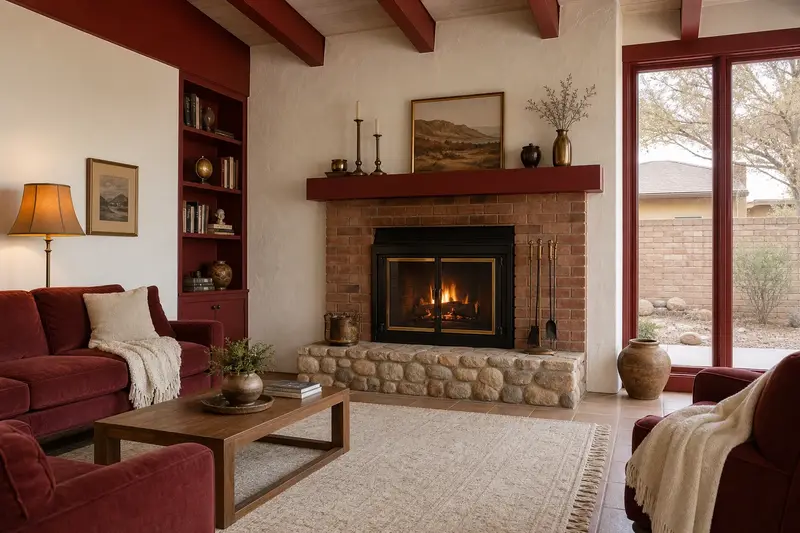 A living room with a wood-burning insert in a brick opening and a small fire behind a screen, no one present; illustrative image
