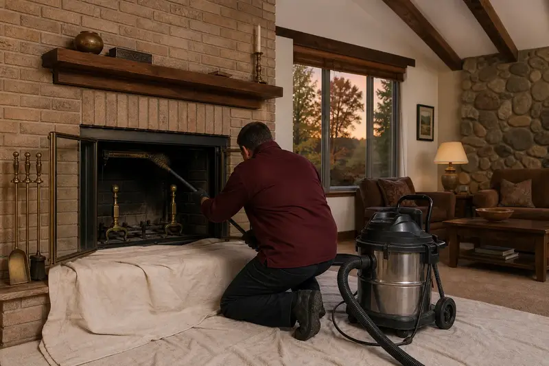 A technician kneeling at an open masonry wood-burning fireplace with a sealed vacuum and drop cloths, the fireplace cold and unlit; illustrative image