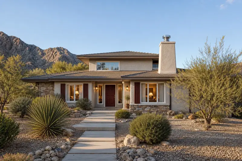 A 1980s stucco-and-stone contemporary house with a stucco-finished chimney with a metal cap and a stainless steel cap; illustrative image