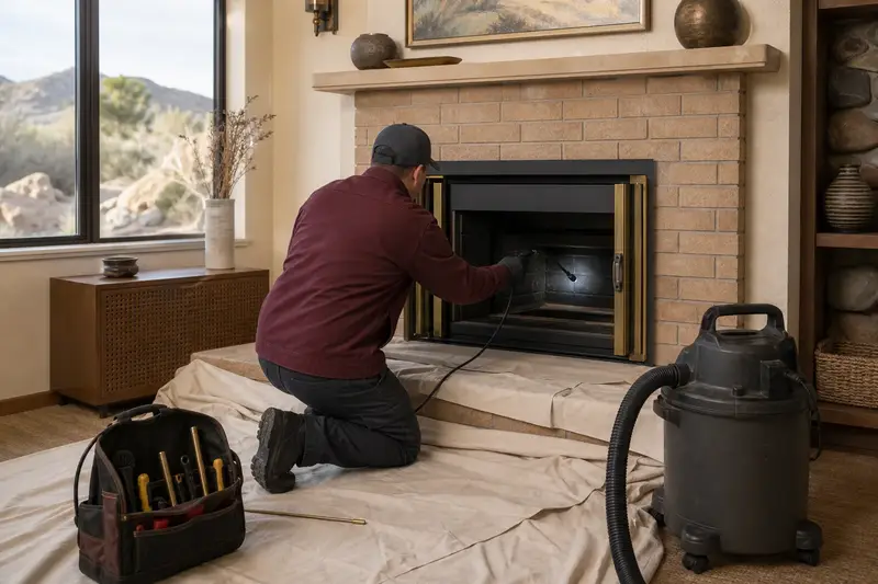 A technician guiding an inspection camera into the firebox of a gas insert set in a brick opening, the fireplace cold and unlit; illustrative image