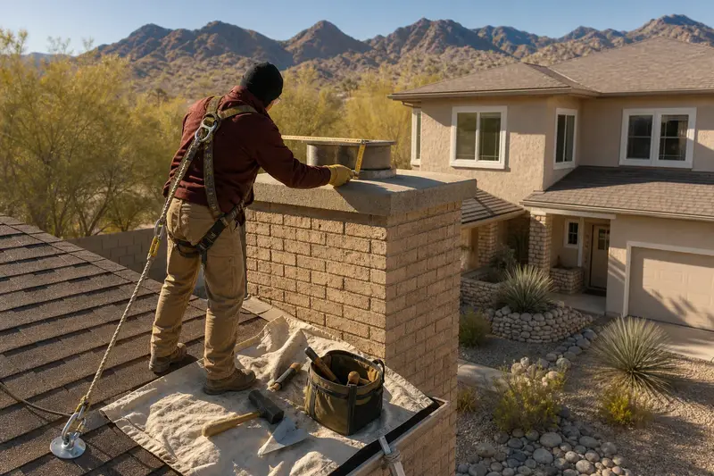 A harnessed mason measuring the crown of a brick chimney with a concrete crown on a pitched roof with a folding rule; illustrative image