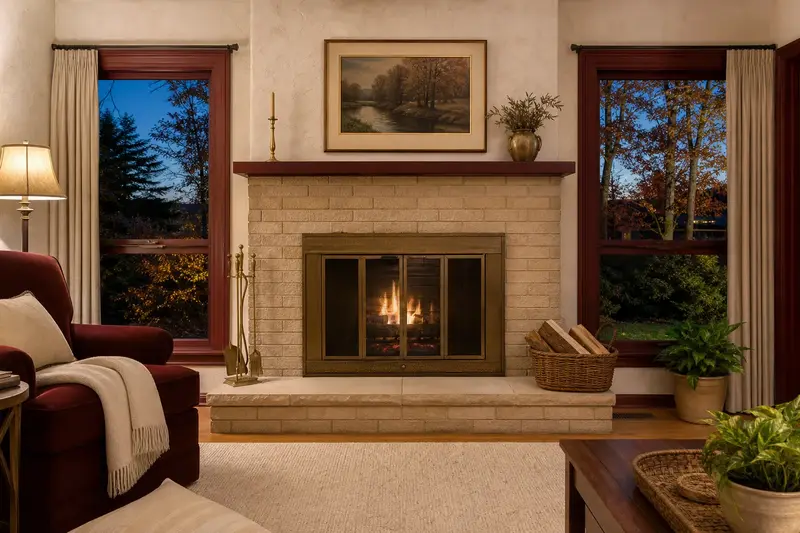 A restored hearth room with an open masonry wood-burning fireplace, a clean hearth and brass fireplace tools; illustrative image