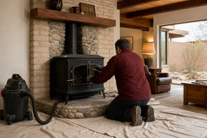 A technician adjusting the glass doors of a cast-iron wood stove on a stone hearth pad with a hand tool, the fireplace unlit; illustrative image