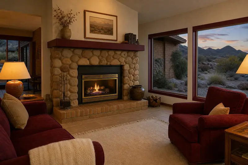 A warm living room with a gas insert set in a brick opening glowing softly behind its glass, no one present; illustrative image