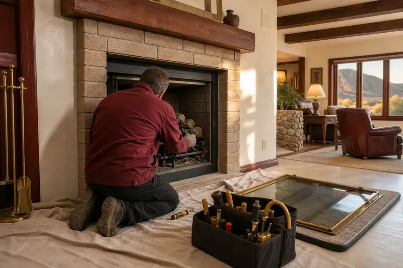 A technician checking the burner and log placement of a direct-vent gas fireplace with the gas off and the glass set aside; illustrative image