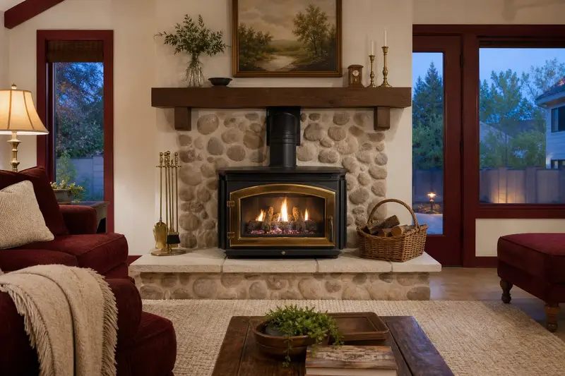 A family room with a freestanding gas stove glowing steadily behind glass; illustrative image