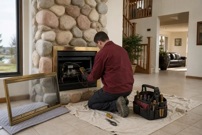 A technician checking the controls of a direct-vent gas fireplace with a multimeter, the glass set aside; illustrative image