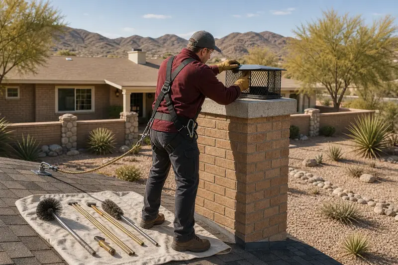 A harnessed technician checking the cap and crown of a brick chimney with a concrete crown on a pitched roof before the heating season; illustrative image