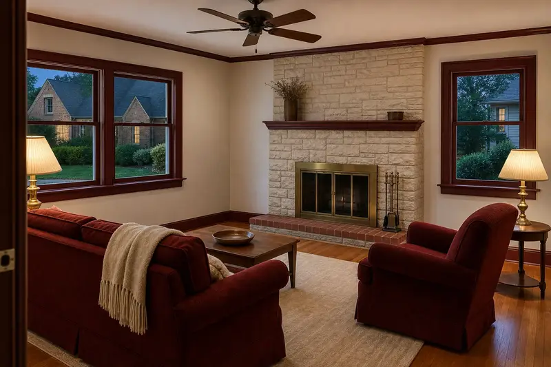 An empty, freshly painted living room with a factory-built wood-burning fireplace with a stone facing awaiting new owners; illustrative image