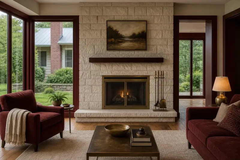 A clean hearth room with a factory-built wood-burning fireplace with a stone facing and fireplace tools on a stand; illustrative image