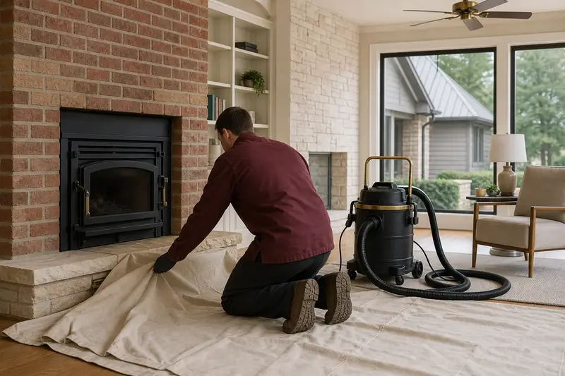 A technician setting drop cloths and a sealed vacuum in front of a wood-burning insert in a brick opening before a cleaning; illustrative image