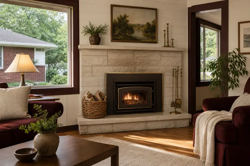 A living room with a wood-burning insert in a brick opening seen straight on, its opening, hearth and surround clear; illustrative image