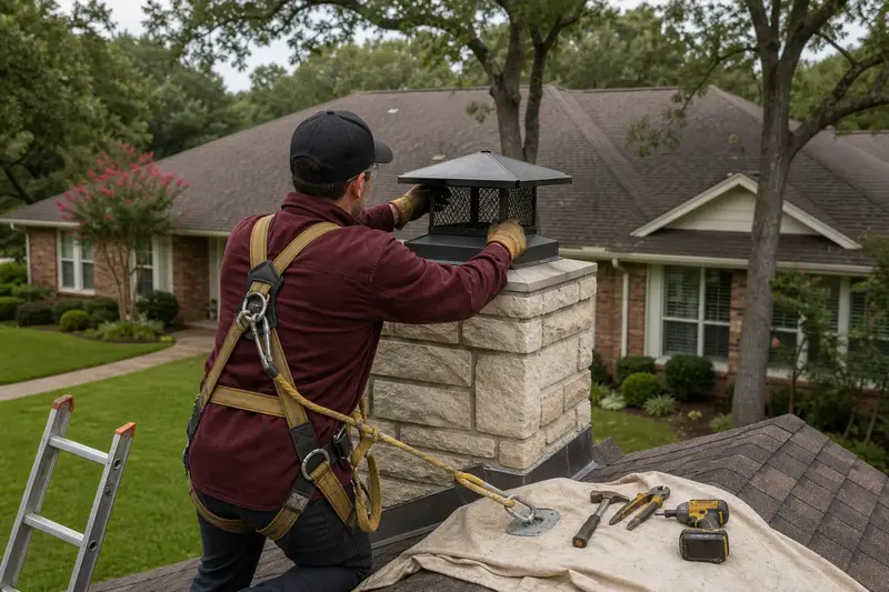 A harnessed technician fitting a mesh cap on a stone-veneer chimney with a steel cap to keep animals out; illustrative image