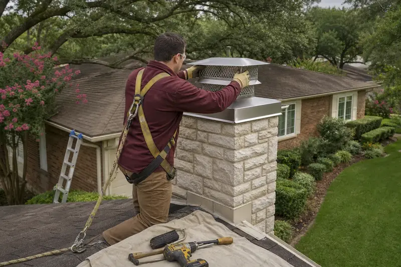 A harnessed technician setting a stainless steel mesh chimney cap onto a stone-veneer chimney with a steel cap; illustrative image
