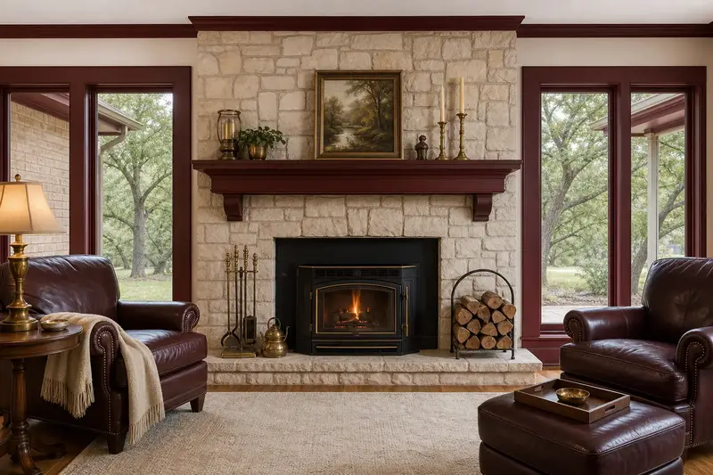 A tidy hearth room with a wood-burning insert in a brick opening, a cleared hearth, fireplace tools and split firewood; illustrative image