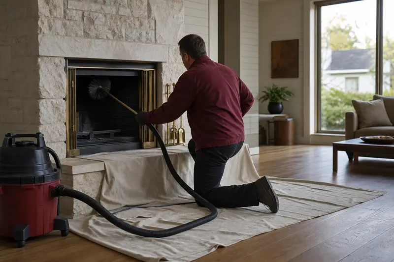 A technician kneeling at a factory-built wood-burning fireplace with a stone facing with a sealed vacuum and drop cloths, the fireplace cold and unlit; illustrative image