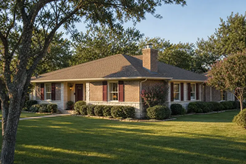 A 1980s brick ranch house with a hip roof with a tan brick chimney with a spark arrestor cap and a stainless steel cap; illustrative image