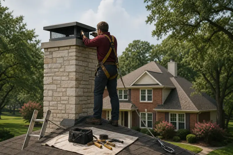 A harnessed technician examining the top of a stone-veneer chimney with a steel cap with a flashlight from a dry roof surface; illustrative image