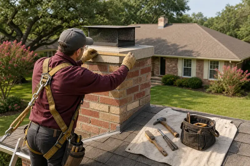 A harnessed mason measuring the crown of a brick chimney with a metal cap on an asphalt shingle roof with a folding rule; illustrative image
