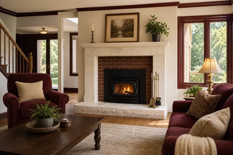 A restored hearth room with a wood-burning insert in a brick opening, a clean hearth and brass fireplace tools; illustrative image