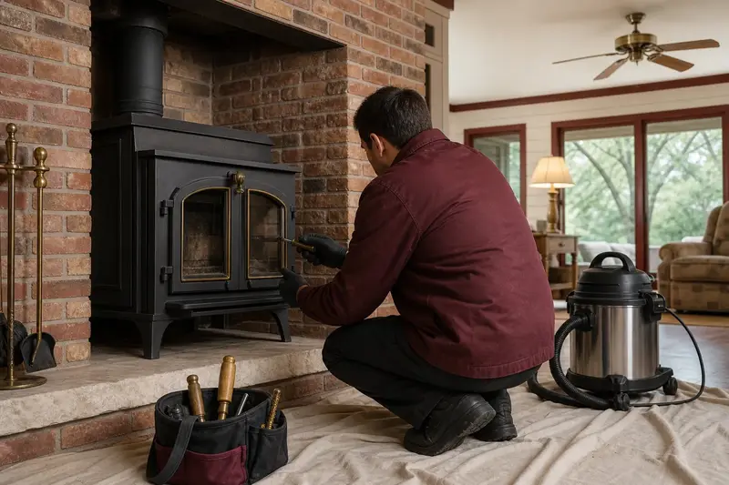 A technician adjusting the glass doors of a cast-iron wood stove on a stone hearth pad with a hand tool, the fireplace unlit; illustrative image
