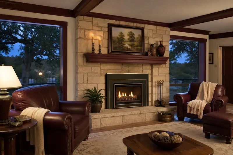 A warm living room with a gas insert set in a brick opening glowing softly behind its glass, no one present; illustrative image