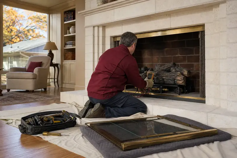 A technician kneeling at a vented gas log set in a masonry firebox with the glass front removed, testing the controls with a multimeter; illustrative image