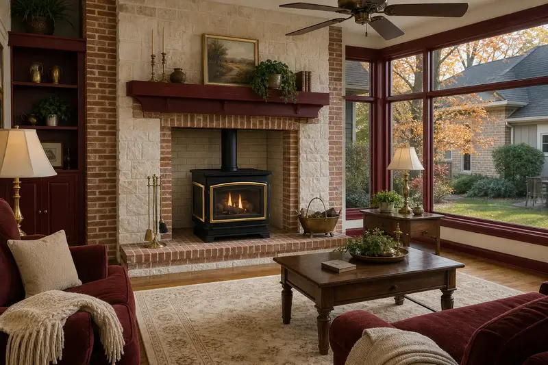 A family room with a freestanding gas stove glowing steadily behind glass; illustrative image