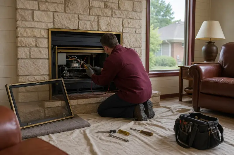 A technician checking the controls of a gas insert set in a brick opening with a multimeter, the glass set aside; illustrative image