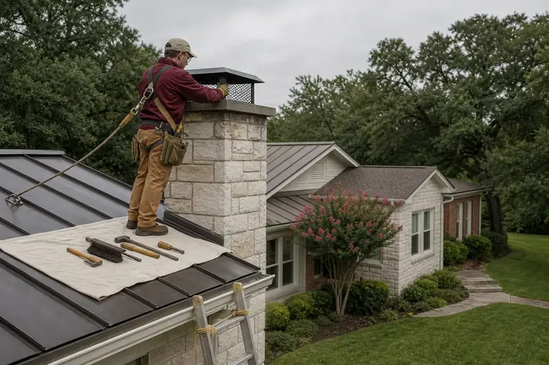 A harnessed technician checking the cap and crown of a limestone chimney with a concrete crown before the heating season; illustrative image