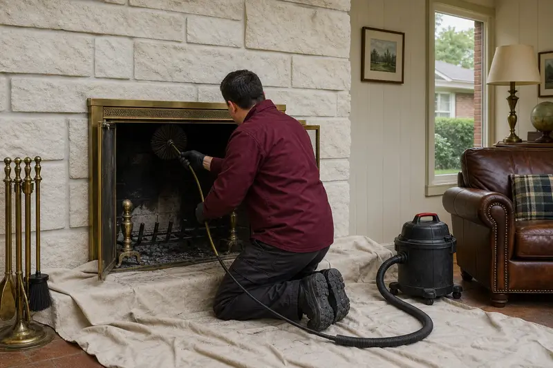 A technician feeding a rotary chimney brush up the flue of an open masonry wood-burning fireplace, drop cloths and a sealed vacuum on the hearth, the fireplace cold and unlit; illustrative image