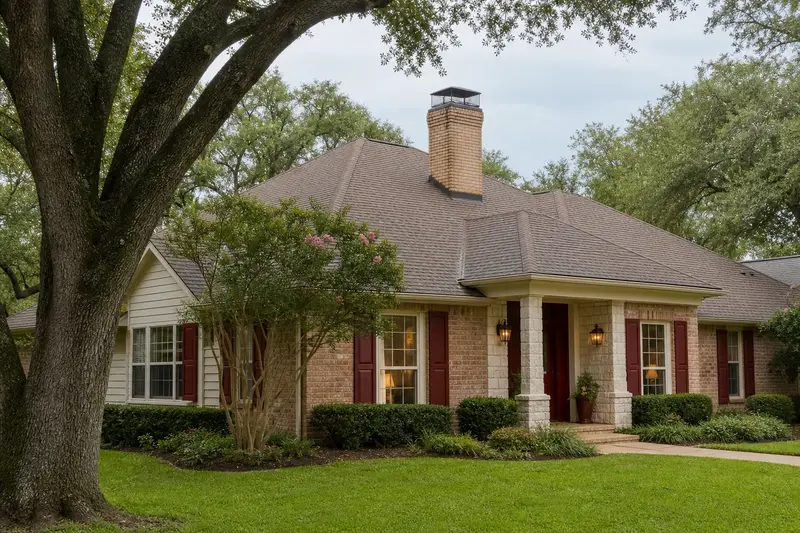A 1980s brick-and-siding house with a hip roof with a tan brick chimney with a spark arrestor cap topped by a mesh chimney cap and mature trees nearby; illustrative image