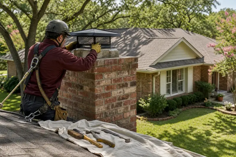 A harnessed technician fitting a mesh cap on a brick chimney with a metal cap on an asphalt shingle roof to keep animals out; illustrative image