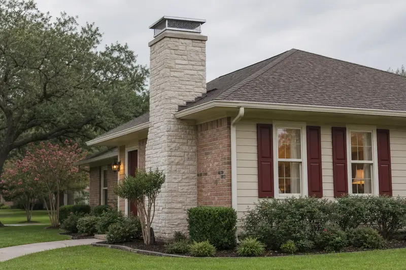 A 1980s brick-and-siding house with a hip roof with a stone-veneer chimney with a steel cap topped by a new stainless steel cap; illustrative image