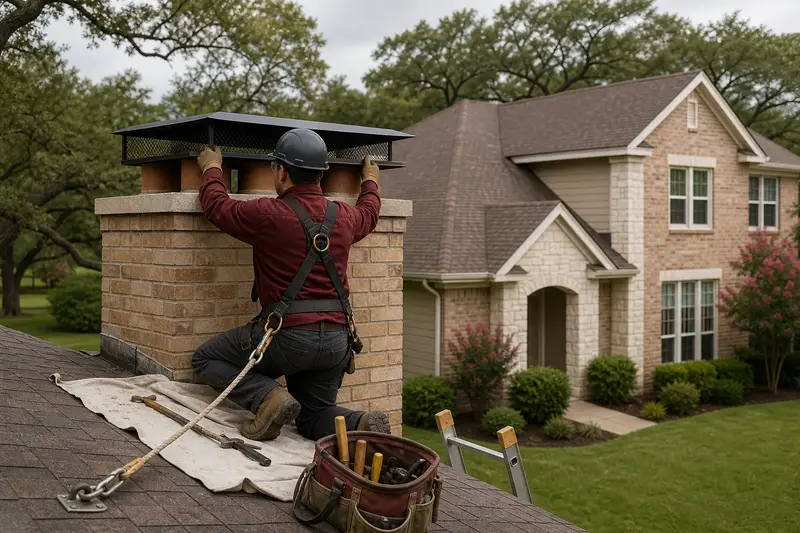 A harnessed technician fastening a multi-flue cap over the crown of a tan brick chimney with a spark arrestor cap; illustrative image