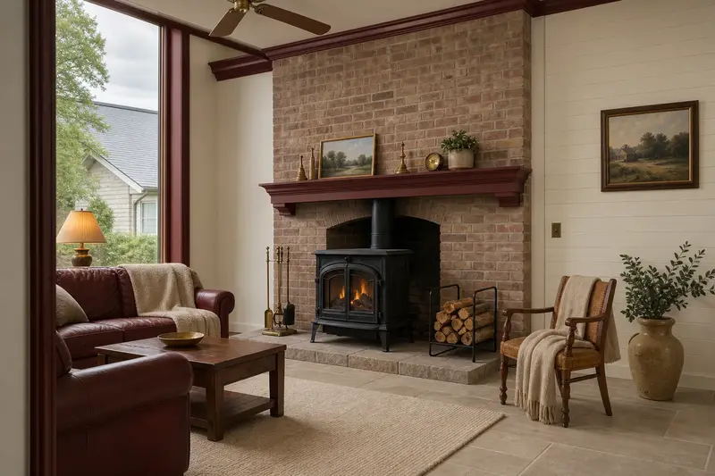 A tidy hearth room with a cast-iron wood stove on a stone hearth pad, a cleared hearth, fireplace tools and split firewood; illustrative image