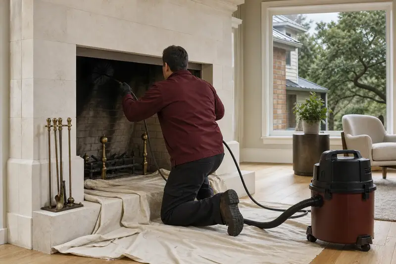 A technician feeding a rotary chimney brush up the flue of an open masonry wood-burning fireplace, drop cloths and a sealed vacuum on the hearth; illustrative image