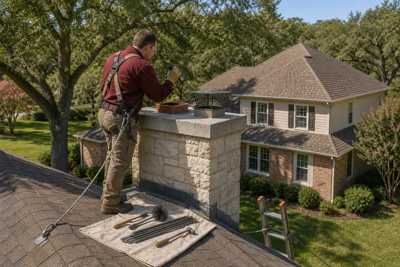 A harnessed technician examining the top of a limestone chimney with a concrete crown with a flashlight from a dry roof surface; illustrative image