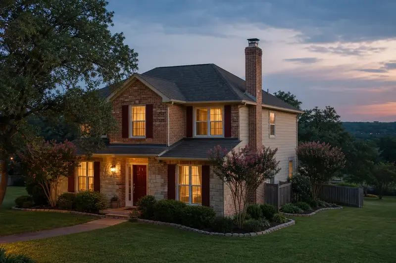 A 1980s two-story brick-and-stone suburban house with a brick chimney with a metal cap on an asphalt shingle roof and neat mortar joints; illustrative image