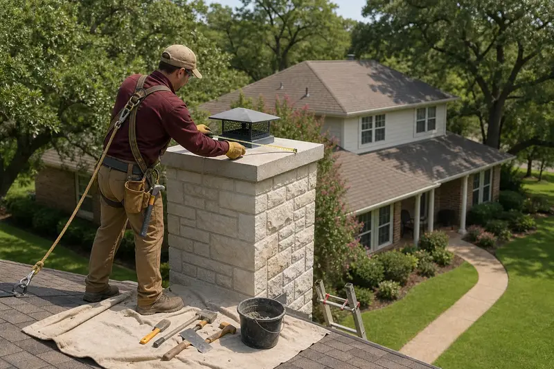 A harnessed mason measuring the crown of a limestone chimney with a concrete crown with a folding rule; illustrative image