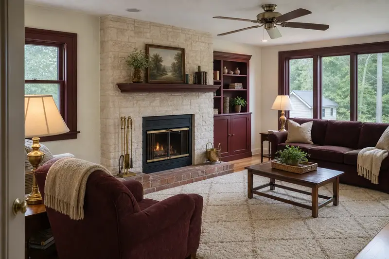 A restored hearth room with a factory-built wood-burning fireplace with a stone facing, a clean hearth and brass fireplace tools; illustrative image